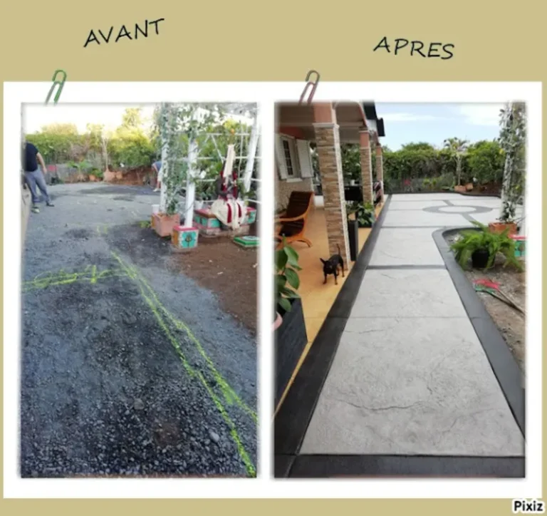 Terrasse et allées piétonnes en béton empreinte et béton balayé 1
