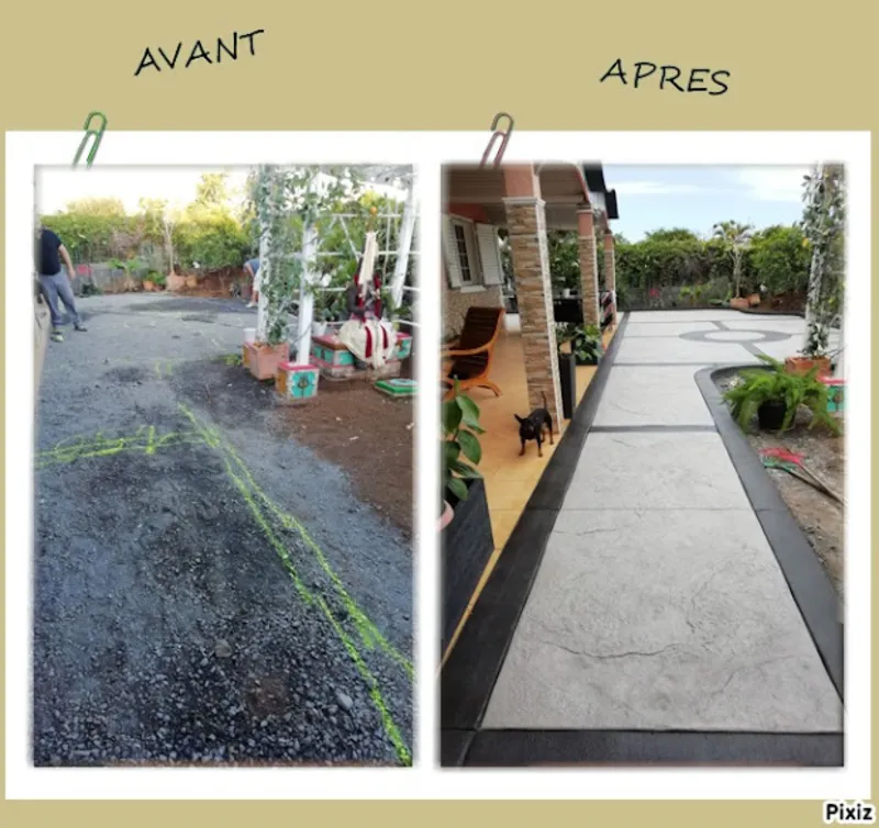 Terrasse et allées piétonnes en béton empreinte et béton balayé 1