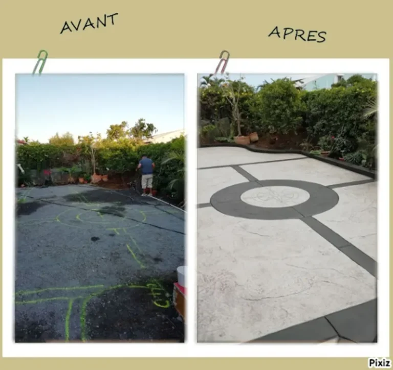 Terrasse et allées piétonnes en béton empreinte et béton balayé 2