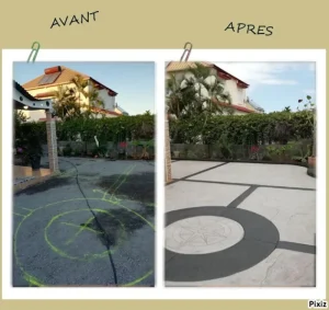 Terrasse et allées piétonnes en béton empreinte et béton balayé 3